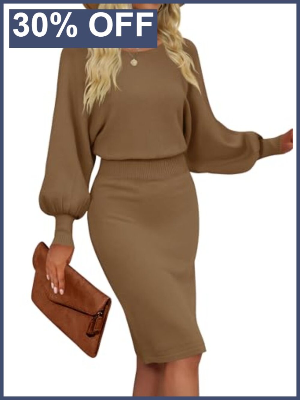 Women's Long Puff Sleeve Ribbed Knit Bodycon Midi Sweater Dress